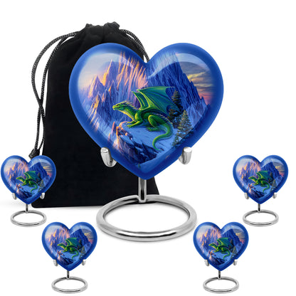 Misty Blue Dragon Cremation Urn close-up of engraving and surface detail - heart-shaped dragon design symbolizing eternal love - memorial set with one large and four small urns
