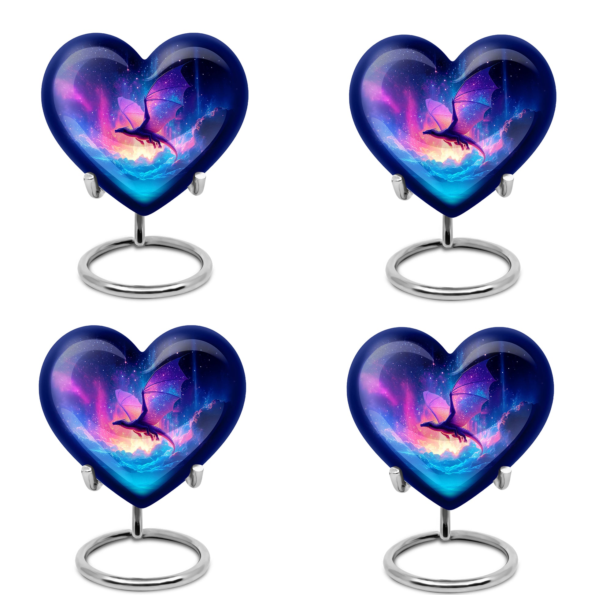 Navy Blue Dragon Cremation Urn angled view of lid and engraved motif - loving heart memorial featuring dragon pattern - 10 inch aluminum urn for cremated remains