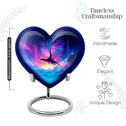 Bright Blue Dragon Cremation Urn front view showing detailed design - compassionate heart-dragon combination with gentle curves - mini keepsake memorial for portion of cremation ashes