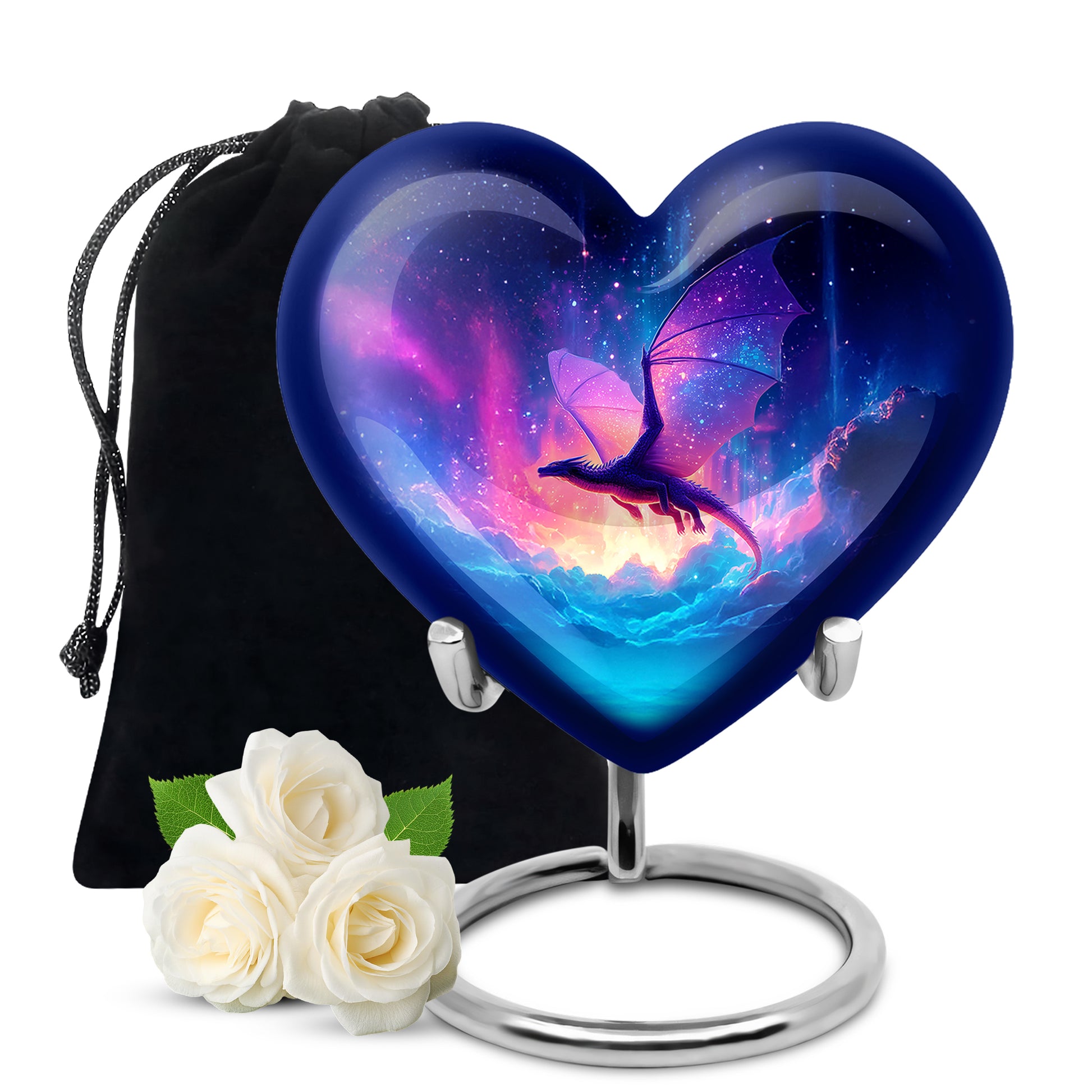 Icy Blue Dragon Cremation Urn detail view - heart-shaped dragon design symbolizing eternal love - full-size 10 inch 200 cubic inch adult cremation urn