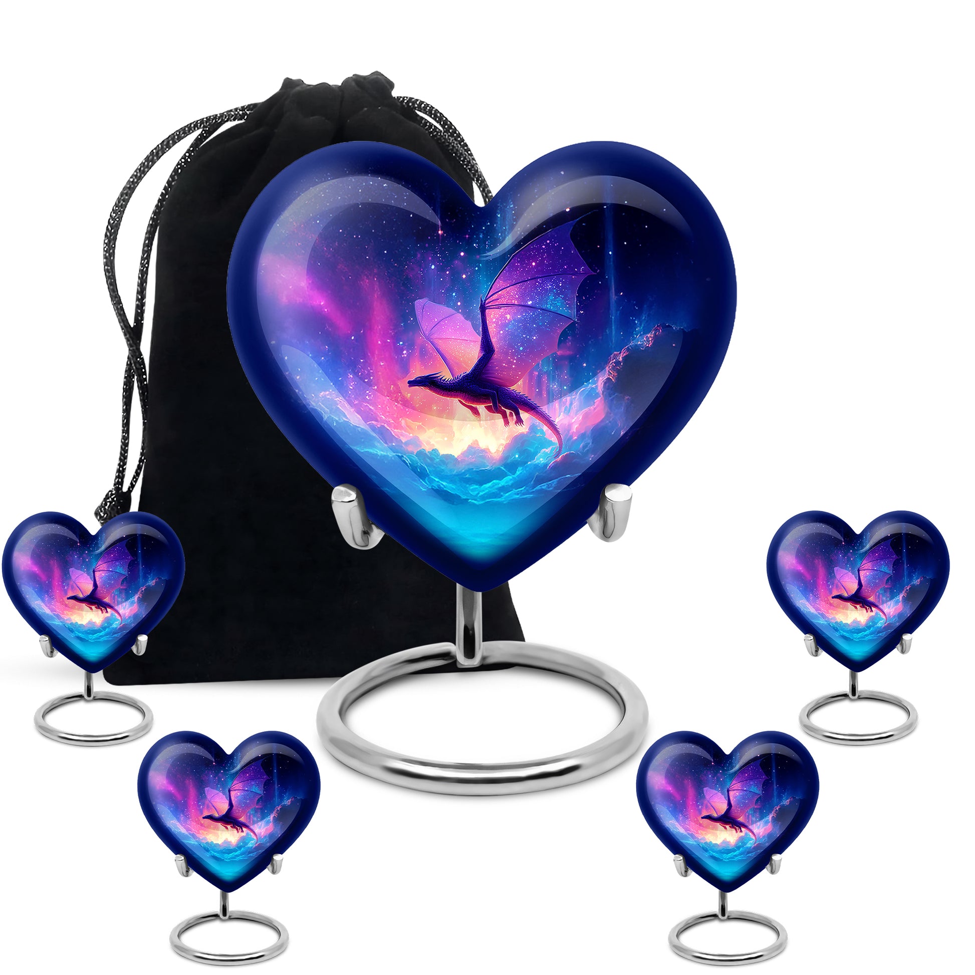 Indigo Dragon Cremation Urn close-up of engraving and surface detail - heart-shaped dragon design symbolizing eternal love - memorial set with one large and four small urns