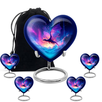 Indigo Dragon Cremation Urn close-up of engraving and surface detail - heart-shaped dragon design symbolizing eternal love - memorial set with one large and four small urns