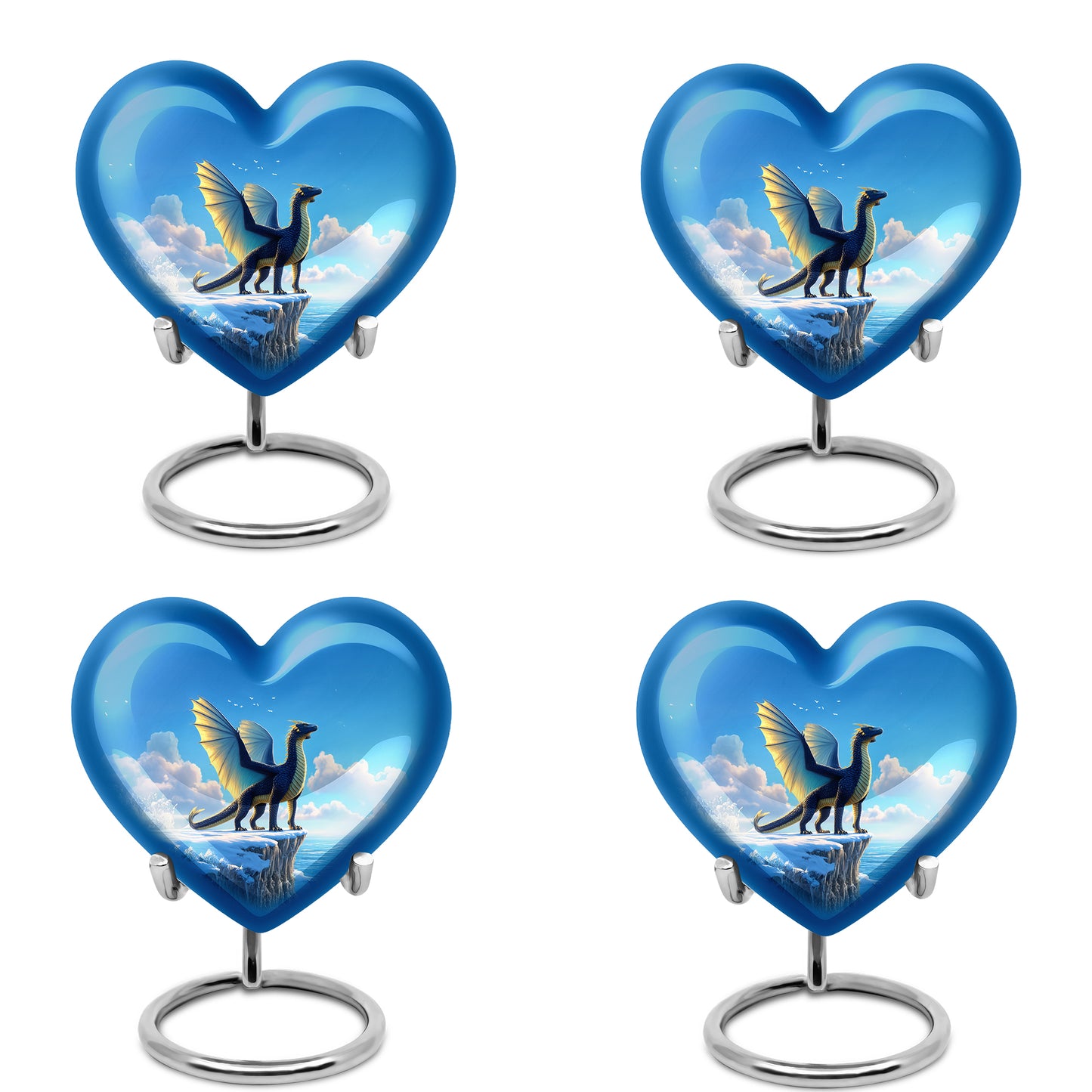 Steel Blue Dragon Cremation Urn angled view of lid and engraved motif - romantic heart urn with dragon motif on aluminum - 10 inch aluminum urn for cremated remains