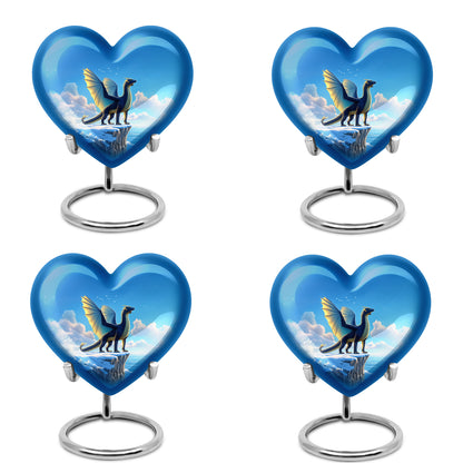 Steel Blue Dragon Cremation Urn angled view of lid and engraved motif - romantic heart urn with dragon motif on aluminum - 10 inch aluminum urn for cremated remains