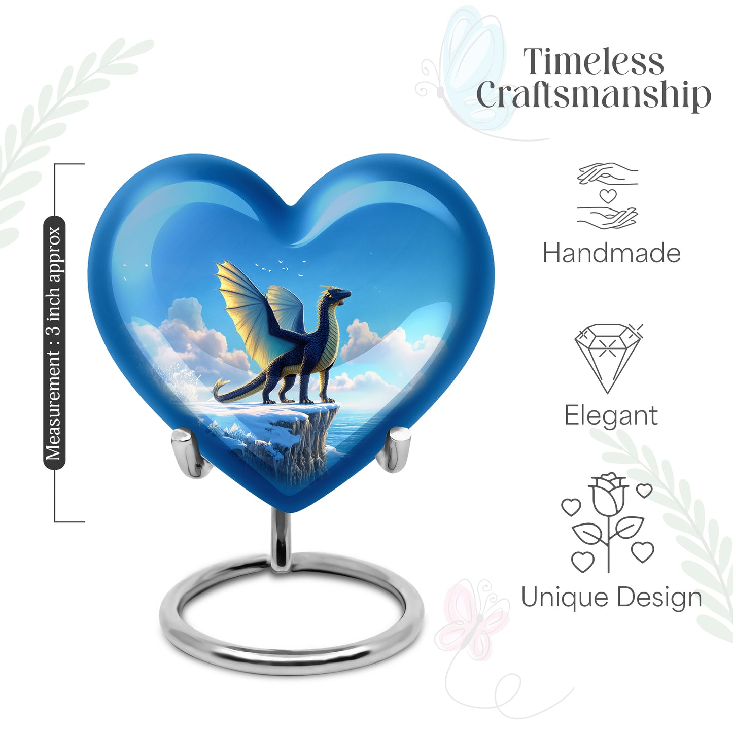 Soft Blue Dragon Cremation Urn front view showing detailed design - romantic heart urn with dragon motif on aluminum - mini keepsake memorial for portion of cremation ashes