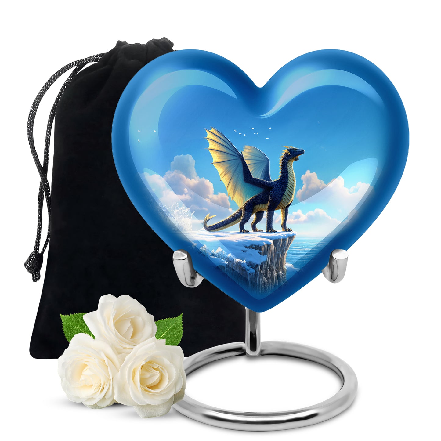 Powder Blue Dragon Cremation Urn detail view - heart-shaped dragon design symbolizing eternal love - full-size 10 inch 200 cubic inch adult cremation urn