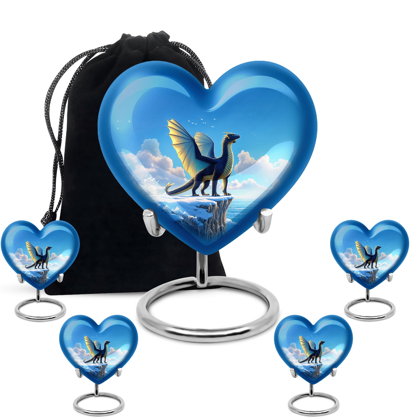 Dusty Blue Dragon Cremation Urn close-up of engraving and surface detail - loving heart memorial featuring dragon pattern - memorial set with one large and four small urns
