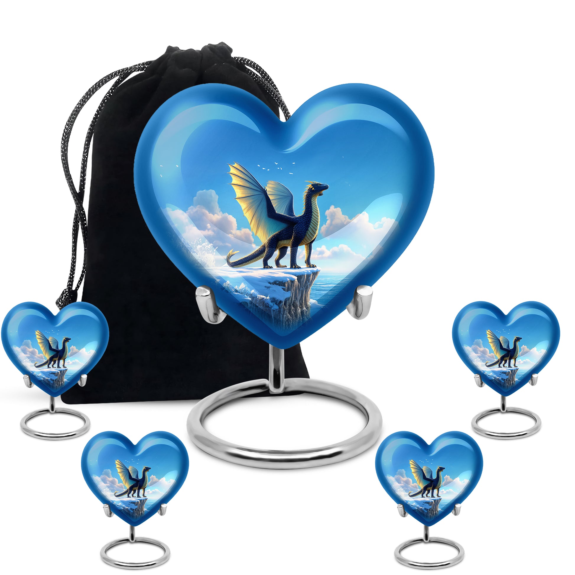 Dusty Blue Dragon Cremation Urn close-up of engraving and surface detail - loving heart memorial featuring dragon pattern - memorial set with one large and four small urns