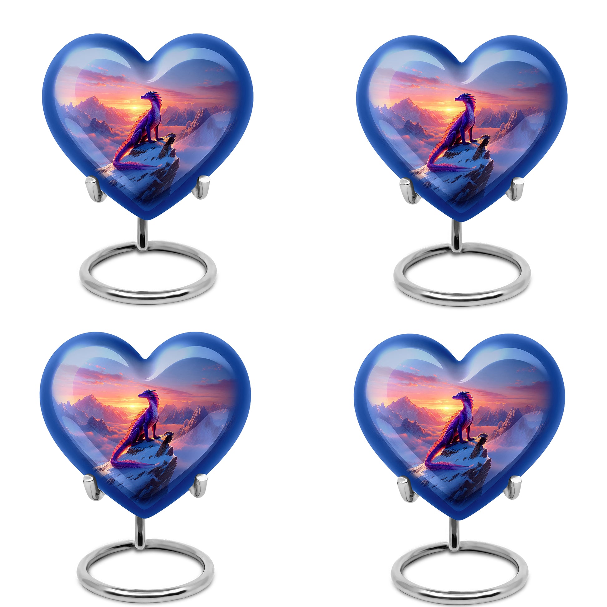 Bright Blue Dragon Cremation Urn angled view of lid and engraved motif - romantic heart urn with dragon motif on aluminum - 10 inch aluminum urn for cremated remains