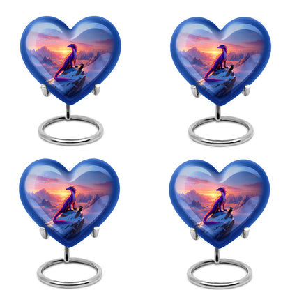 Bright Blue Dragon Cremation Urn angled view of lid and engraved motif - romantic heart urn with dragon motif on aluminum - 10 inch aluminum urn for cremated remains