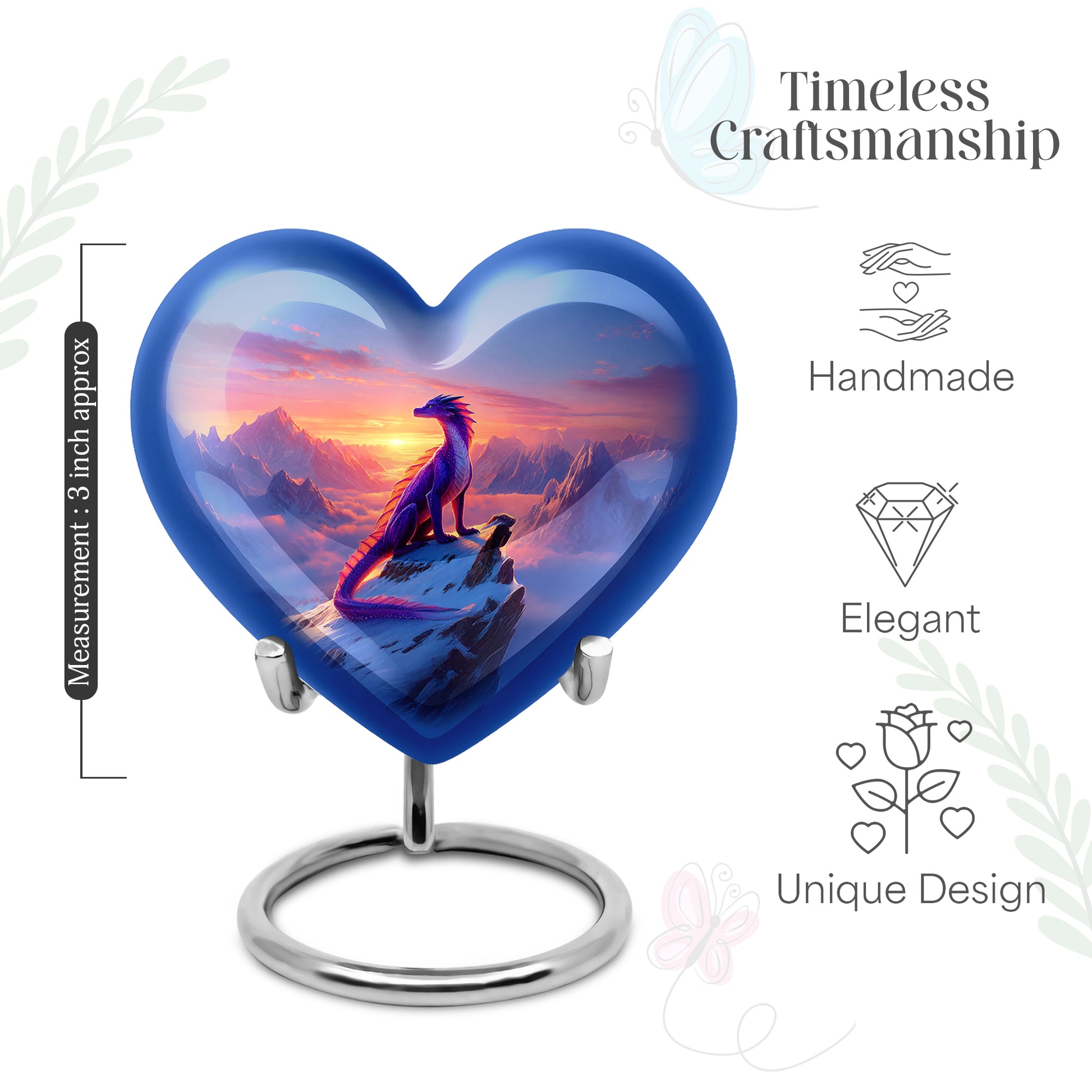 Powder Blue Dragon Cremation Urn front view showing detailed design - loving heart memorial featuring dragon pattern - mini keepsake memorial for portion of cremation ashes