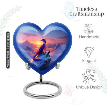 Powder Blue Dragon Cremation Urn front view showing detailed design - loving heart memorial featuring dragon pattern - mini keepsake memorial for portion of cremation ashes