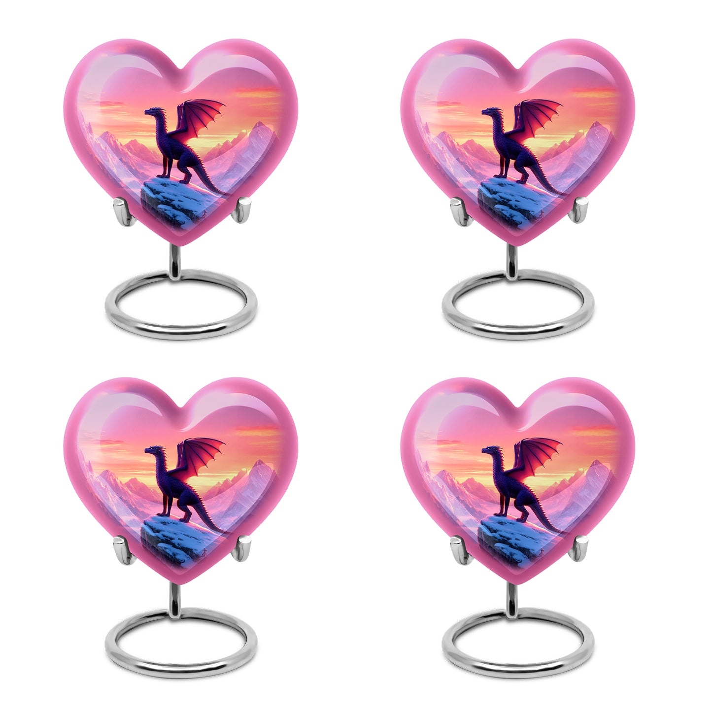 Pastel Pink Dragon Cremation Urn angled view of lid and engraved motif - heart-shaped dragon design symbolizing eternal love - 10 inch aluminum urn for cremated remains