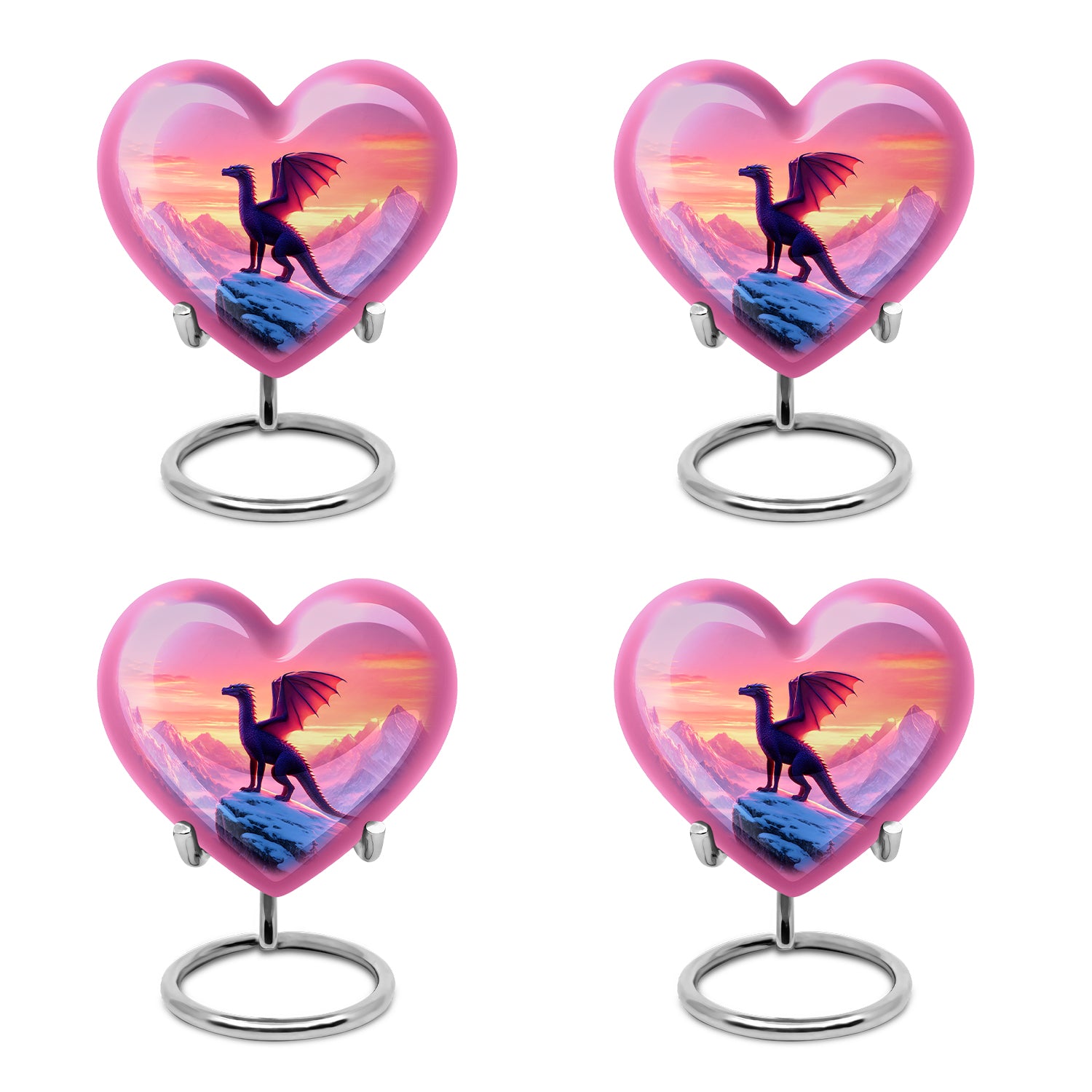 Pastel Pink Dragon Cremation Urn angled view of lid and engraved motif - heart-shaped dragon design symbolizing eternal love - 10 inch aluminum urn for cremated remains