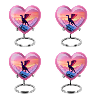 Pastel Pink Dragon Cremation Urn angled view of lid and engraved motif - heart-shaped dragon design symbolizing eternal love - 10 inch aluminum urn for cremated remains