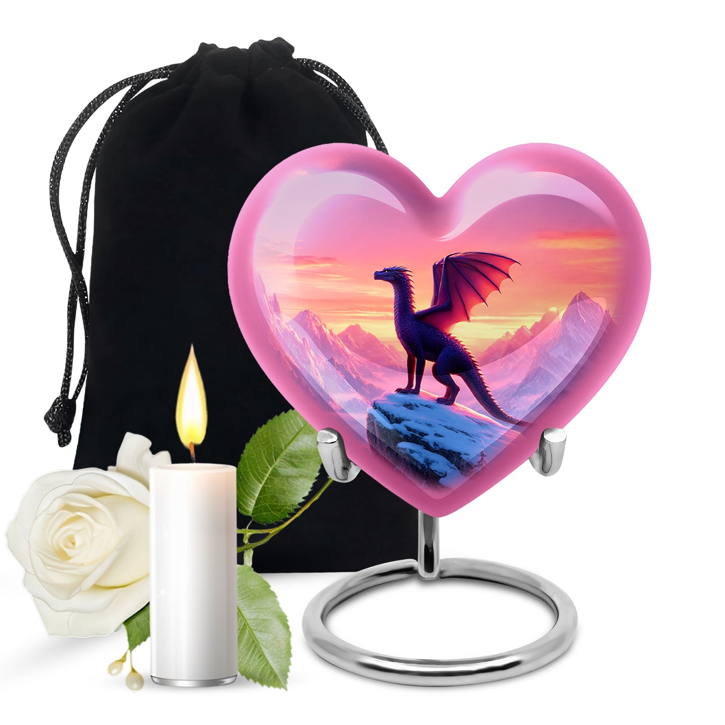 Dusty Pink Dragon Cremation Urn detail view - compassionate heart-dragon combination with gentle curves - full-size 10 inch 200 cubic inch adult cremation urn