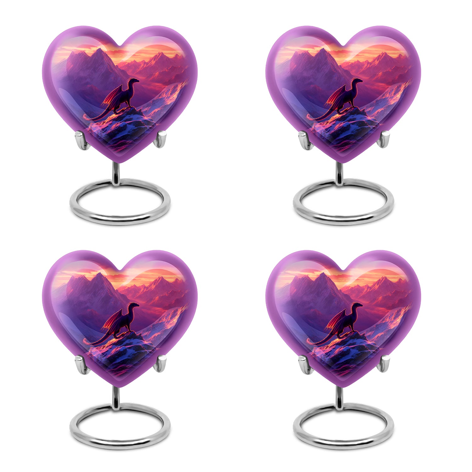 Amethyst Purple Dragon Cremation Urn angled view of lid and engraved motif - heart-shaped dragon design symbolizing eternal love - 10 inch aluminum urn for cremated remains