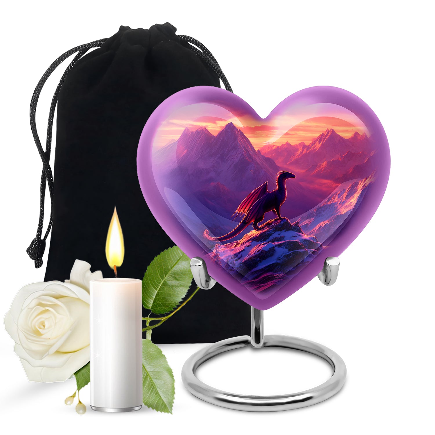 Lavender Purple Dragon Cremation Urn detail view - romantic heart urn with dragon motif on aluminum - full-size 10 inch 200 cubic inch adult cremation urn
