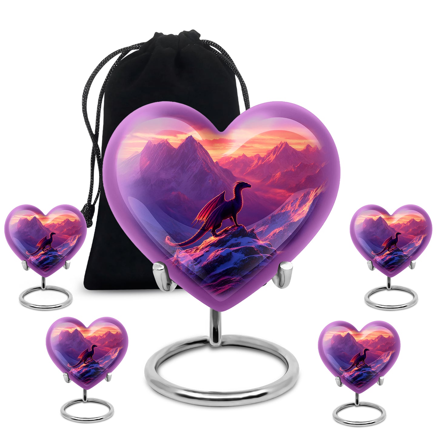 Majestic Purple Dragon Cremation Urn close-up of engraving and surface detail - loving heart memorial featuring dragon pattern - memorial set with one large and four small urns