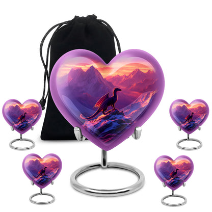 Majestic Purple Dragon Cremation Urn close-up of engraving and surface detail - loving heart memorial featuring dragon pattern - memorial set with one large and four small urns