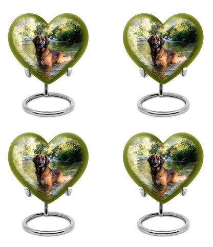Sage Green Dog Cremation Urn angled view of lid and engraved motif - loving heart memorial featuring dog pattern - 10 inch aluminum urn for cremated remains