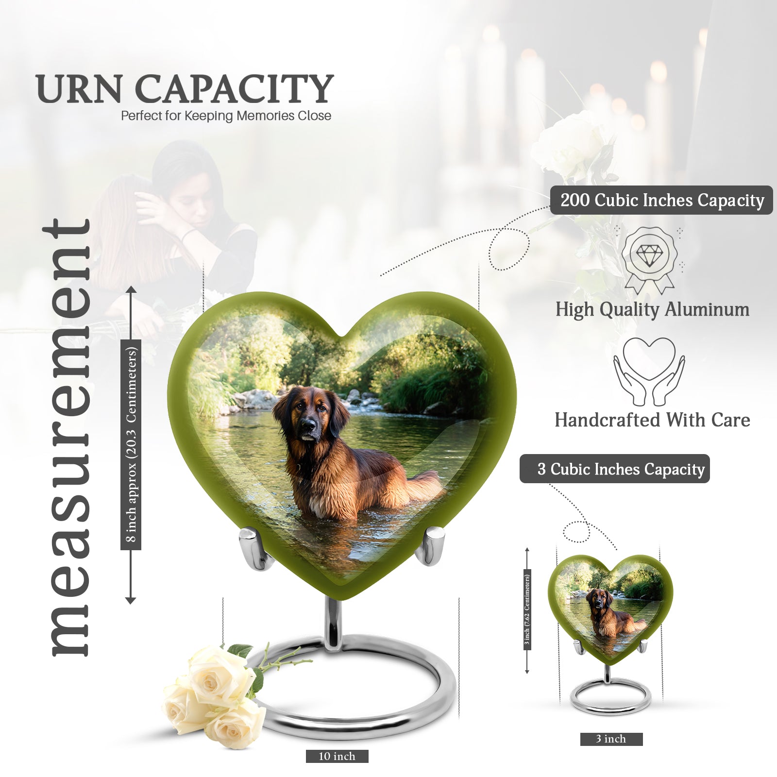 Hunter Green Dog Cremation Urn front view showing detailed design - compassionate heart-dog combination with gentle curves - mini keepsake memorial for portion of cremation ashes