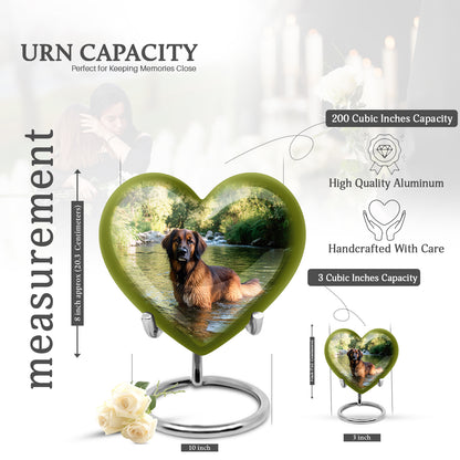 Hunter Green Dog Cremation Urn front view showing detailed design - compassionate heart-dog combination with gentle curves - mini keepsake memorial for portion of cremation ashes