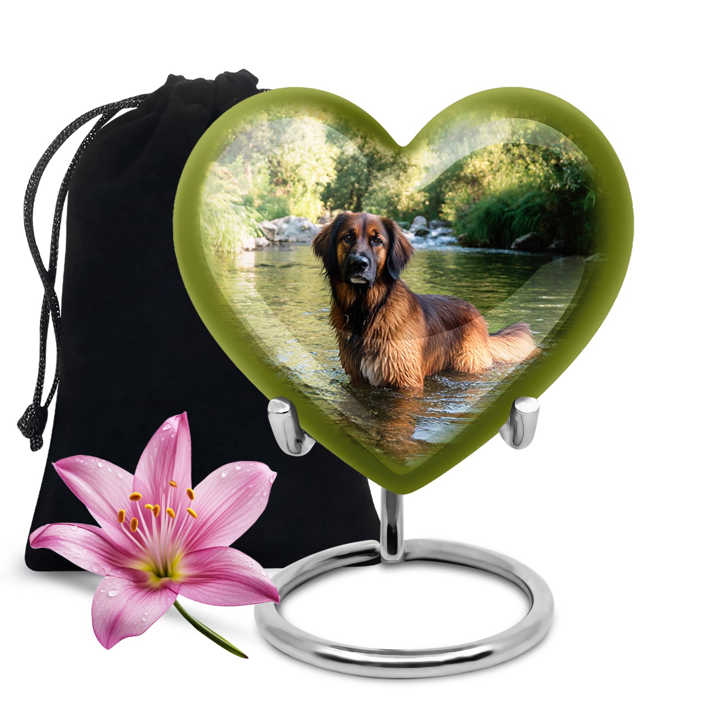 Jade Green Dog Cremation Urn detail view - loving heart memorial featuring dog pattern - full-size 10 inch 200 cubic inch adult cremation urn