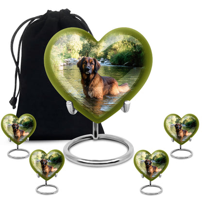 Hunter Green Dog Cremation Urn close-up of engraving and surface detail - romantic heart urn with dog motif on aluminum - memorial set with one large and four small urns