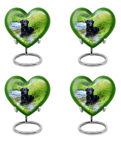 Deep Teal Dog Cremation Urn angled view of lid and engraved motif - compassionate heart-dog combination with gentle curves - 10 inch aluminum urn for cremated remains