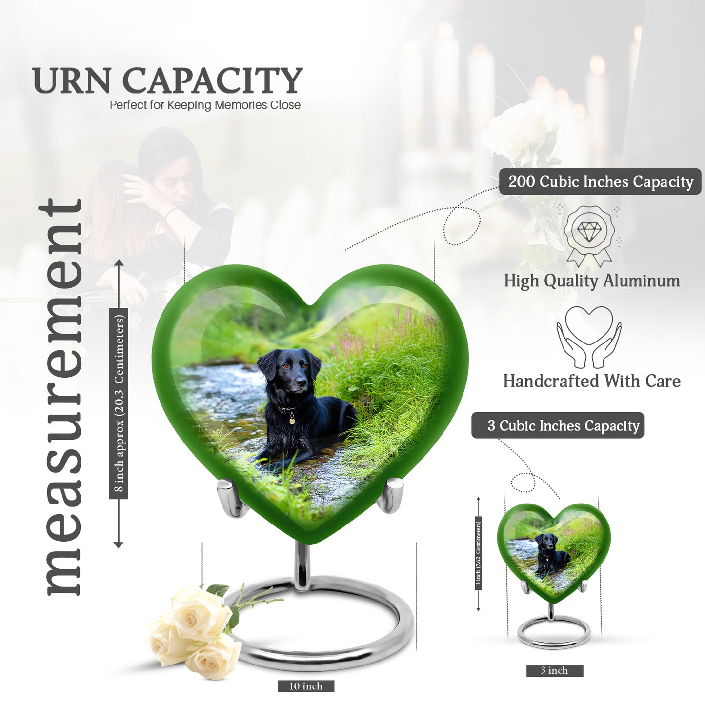 Aqua Teal Dog Cremation Urn front view showing detailed design - romantic heart urn with dog motif on aluminum - mini keepsake memorial for portion of cremation ashes