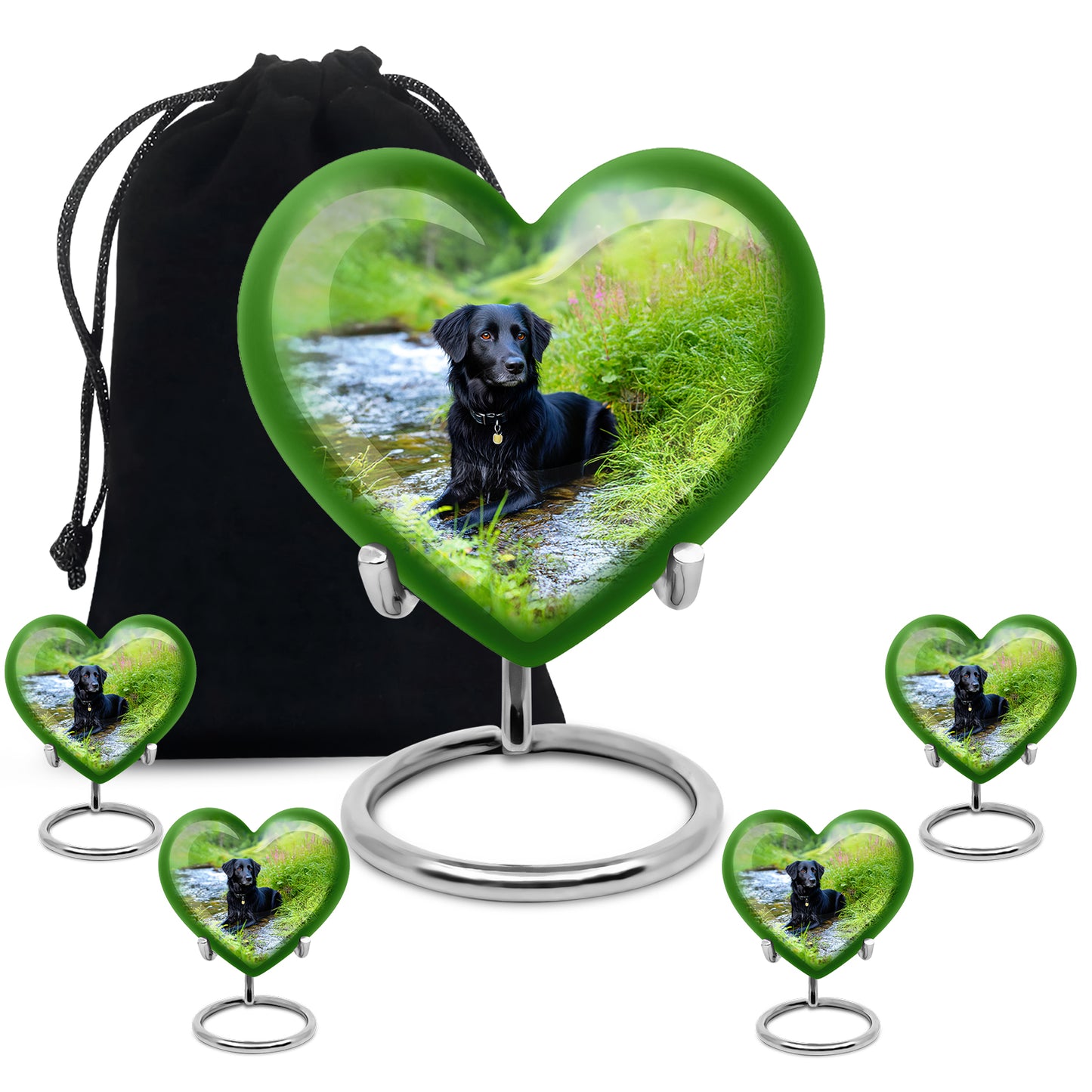 Sea Green Teal Dog Cremation Urn close-up of engraving and surface detail - heart-shaped dog design symbolizing eternal love - memorial set with one large and four small urns