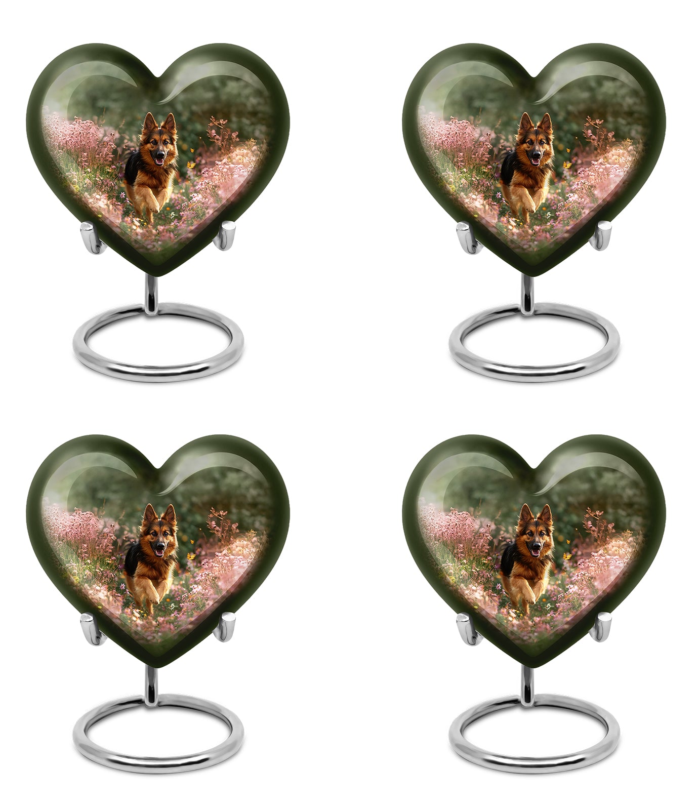 Amber Yellow Dog Cremation Urn angled view of lid and engraved motif - heart-shaped dog design symbolizing eternal love - 10 inch aluminum urn for cremated remains