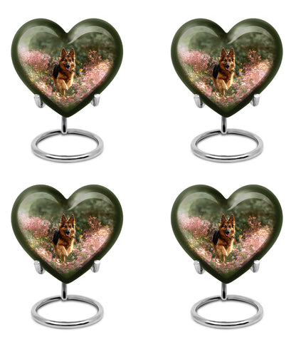 Amber Yellow Dog Cremation Urn angled view of lid and engraved motif - heart-shaped dog design symbolizing eternal love - 10 inch aluminum urn for cremated remains
