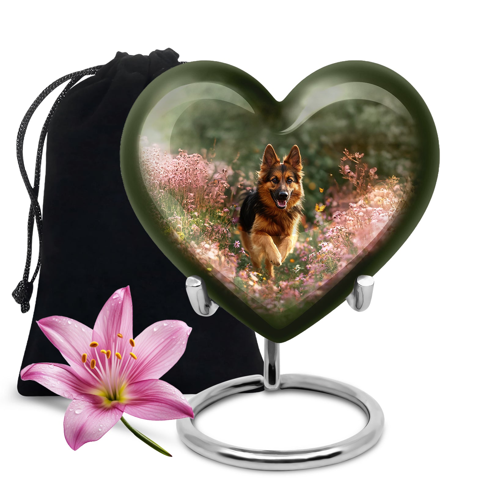 Honey Yellow Dog Cremation Urn detail view - compassionate heart-dog combination with gentle curves - full-size 10 inch 200 cubic inch adult cremation urn