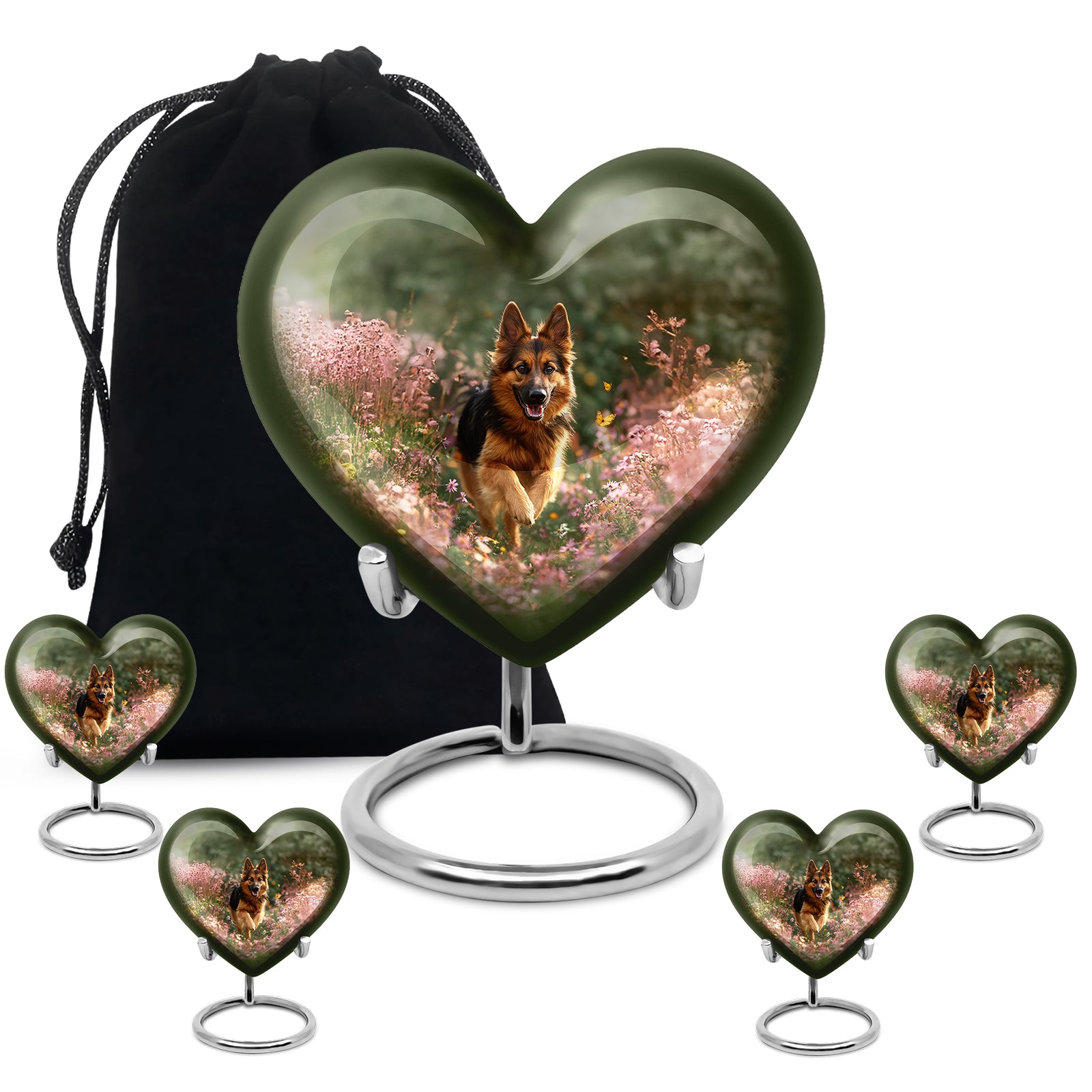 Soft Yellow Dog Cremation Urn close-up of engraving and surface detail - romantic heart urn with dog motif on aluminum - memorial set with one large and four small urns