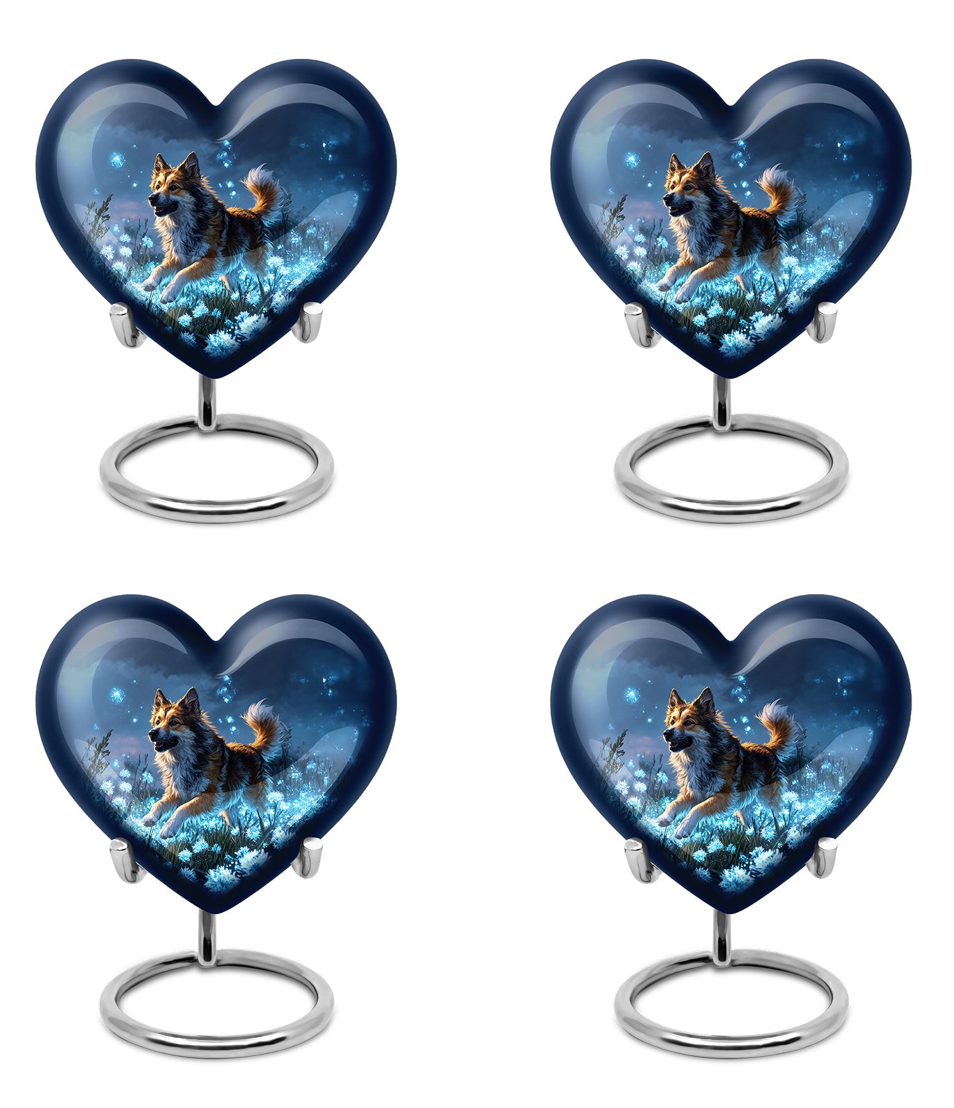 Cobalt Blue Dog Cremation Urn angled view of lid and engraved motif - compassionate heart-dog combination with gentle curves - 10 inch aluminum urn for cremated remains