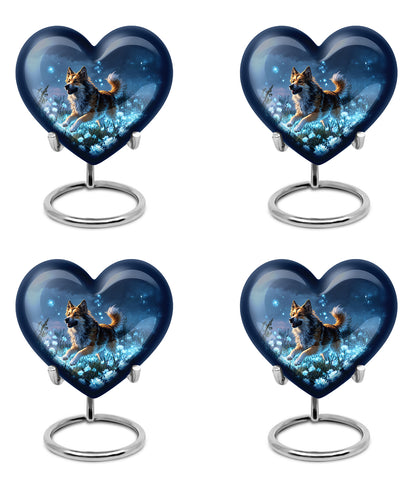 Cobalt Blue Dog Cremation Urn angled view of lid and engraved motif - compassionate heart-dog combination with gentle curves - 10 inch aluminum urn for cremated remains