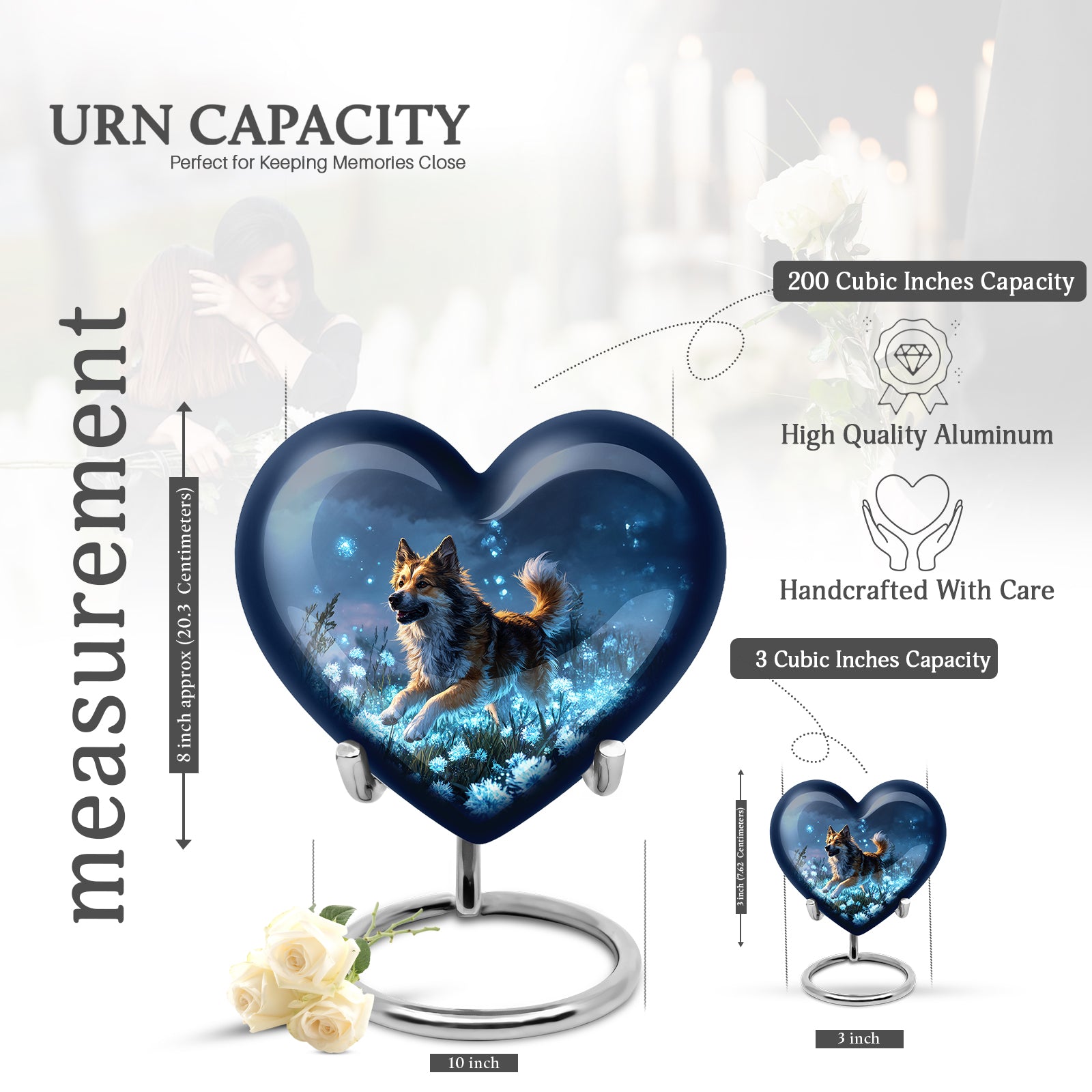 Celestial Blue Dog Cremation Urn front view showing detailed design - heart-shaped dog design symbolizing eternal love - mini keepsake memorial for portion of cremation ashes