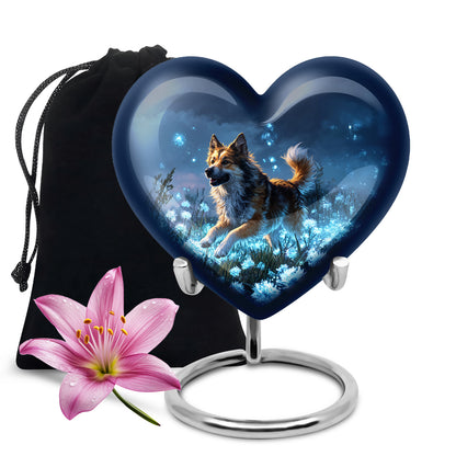 Navy Blue Dog Cremation Urn detail view - loving heart memorial featuring dog pattern - full-size 10 inch 200 cubic inch adult cremation urn