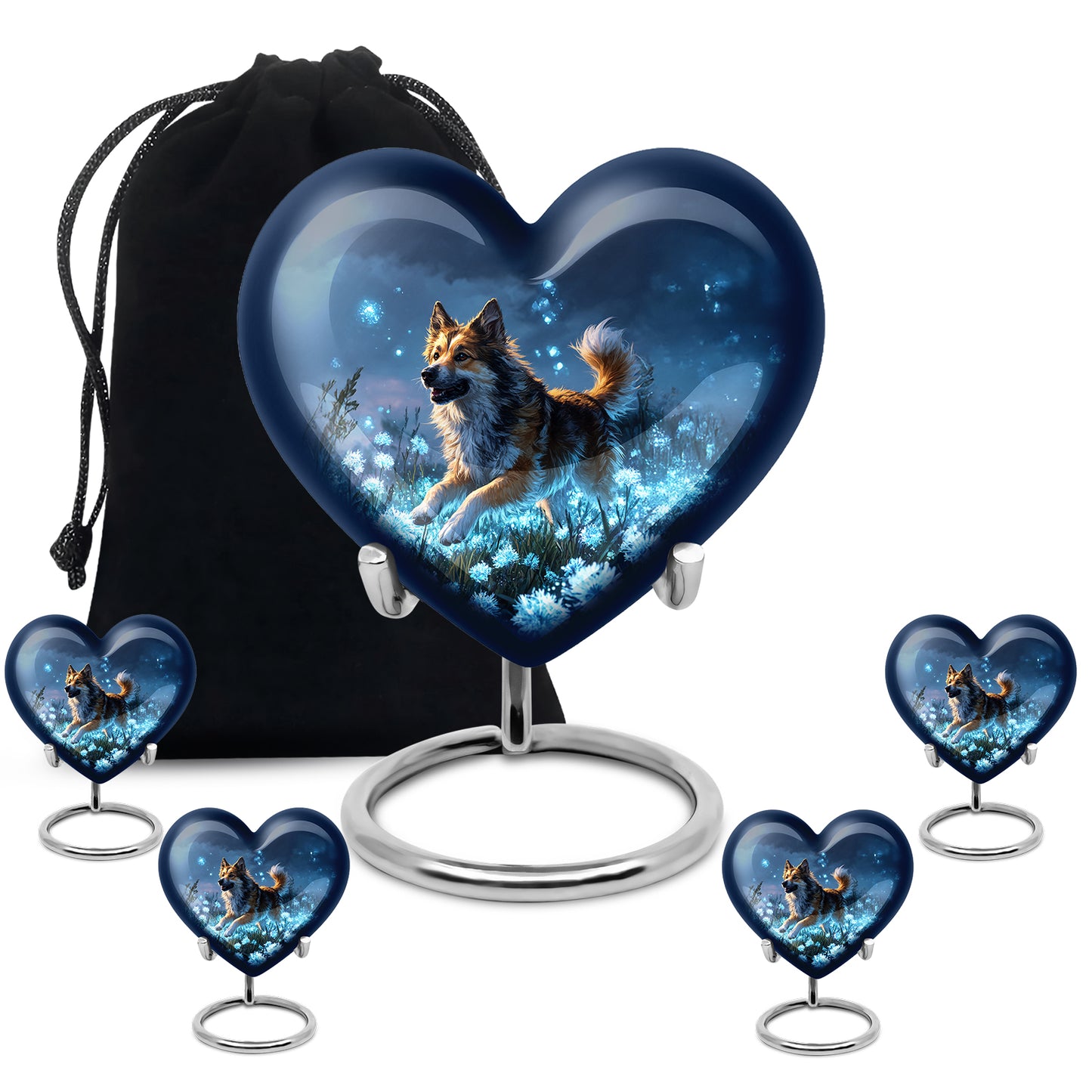 Serene Blue Dog Cremation Urn close-up of engraving and surface detail - romantic heart urn with dog motif on aluminum - memorial set with one large and four small urns