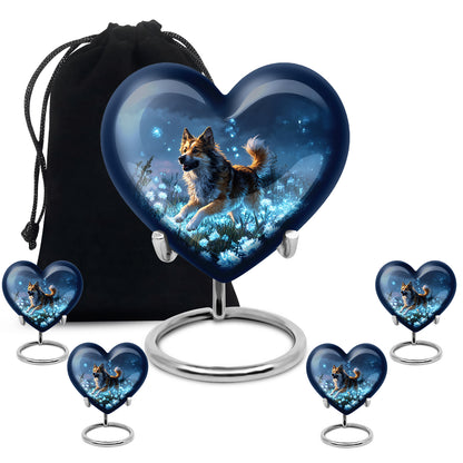 Serene Blue Dog Cremation Urn close-up of engraving and surface detail - romantic heart urn with dog motif on aluminum - memorial set with one large and four small urns
