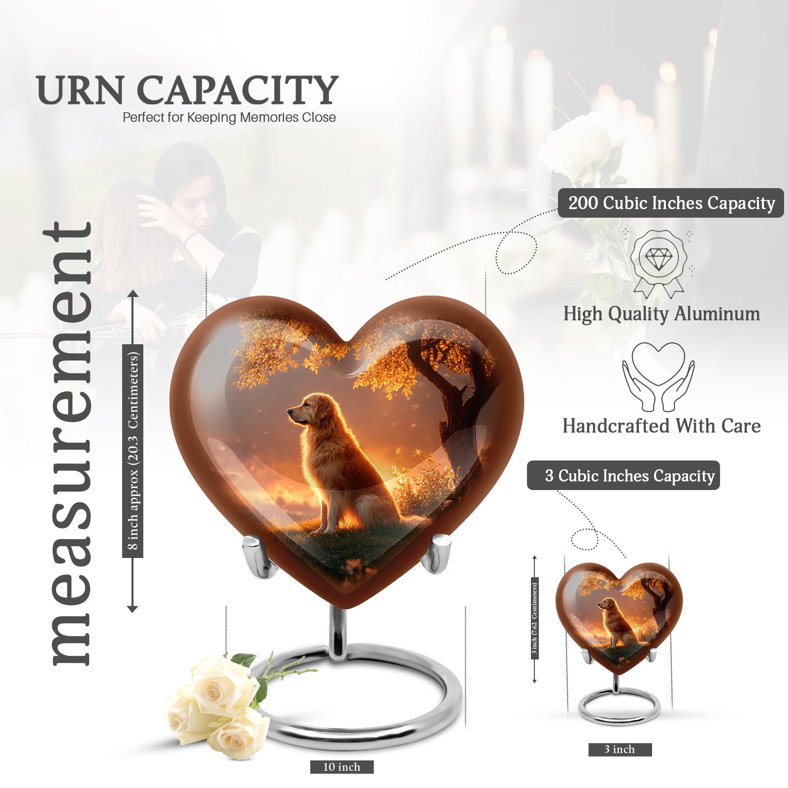 Glossy Black Dog Cremation Urn front view showing detailed design - loving heart memorial featuring dog pattern - mini keepsake memorial for portion of cremation ashes