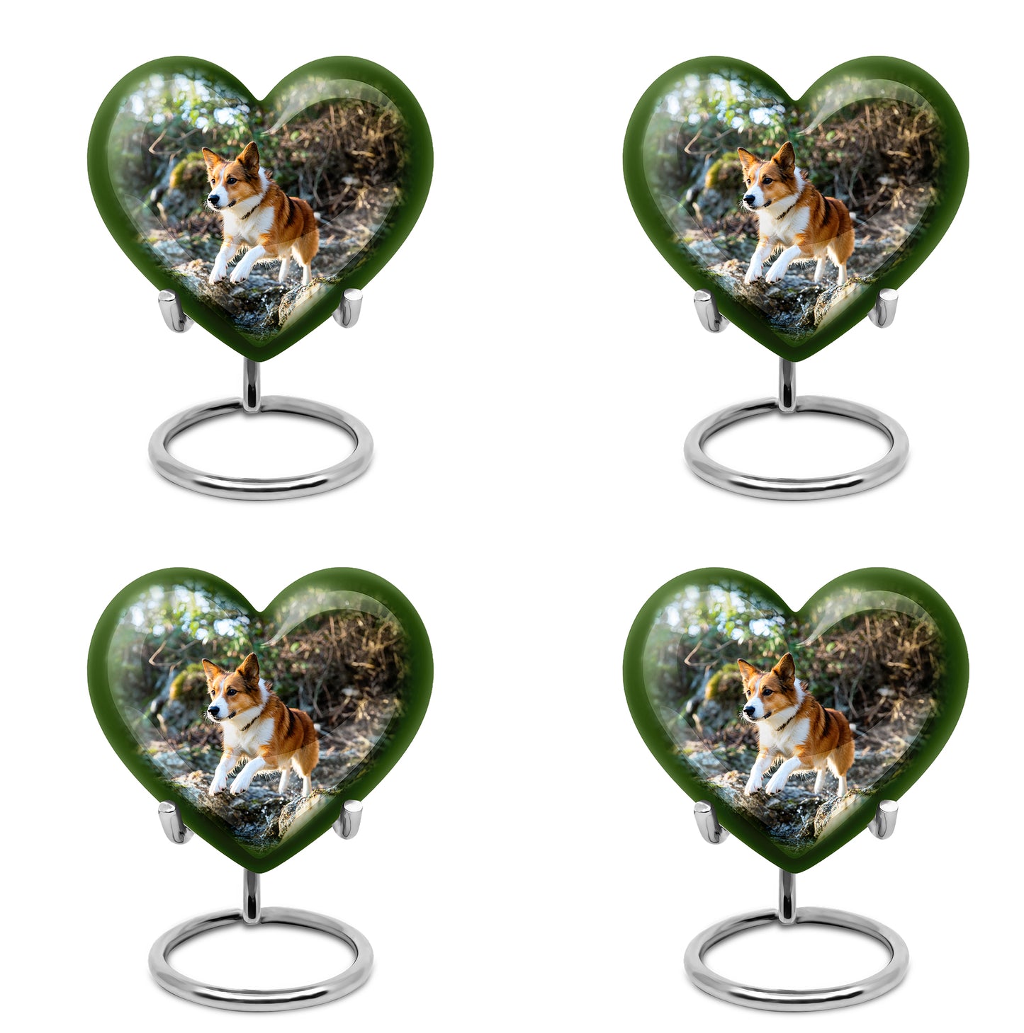 Mint Green Dog Cremation Urn angled view of lid and engraved motif - compassionate heart-dog combination with gentle curves - 10 inch aluminum urn for cremated remains