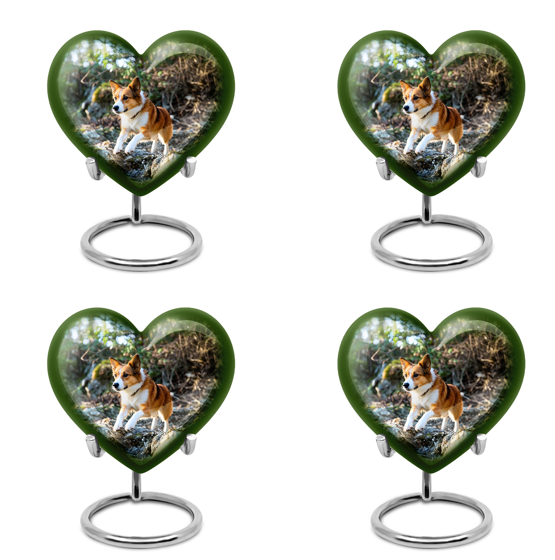 Mint Green Dog Cremation Urn angled view of lid and engraved motif - compassionate heart-dog combination with gentle curves - 10 inch aluminum urn for cremated remains