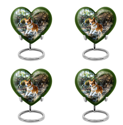 Mint Green Dog Cremation Urn angled view of lid and engraved motif - compassionate heart-dog combination with gentle curves - 10 inch aluminum urn for cremated remains