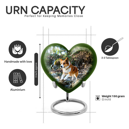 Sage Green Dog Cremation Urn front view showing detailed design - heart-shaped dog design symbolizing eternal love - mini keepsake memorial for portion of cremation ashes