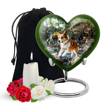 Olive Green Dog Cremation Urn detail view - compassionate heart-dog combination with gentle curves - full-size 10 inch 200 cubic inch adult cremation urn