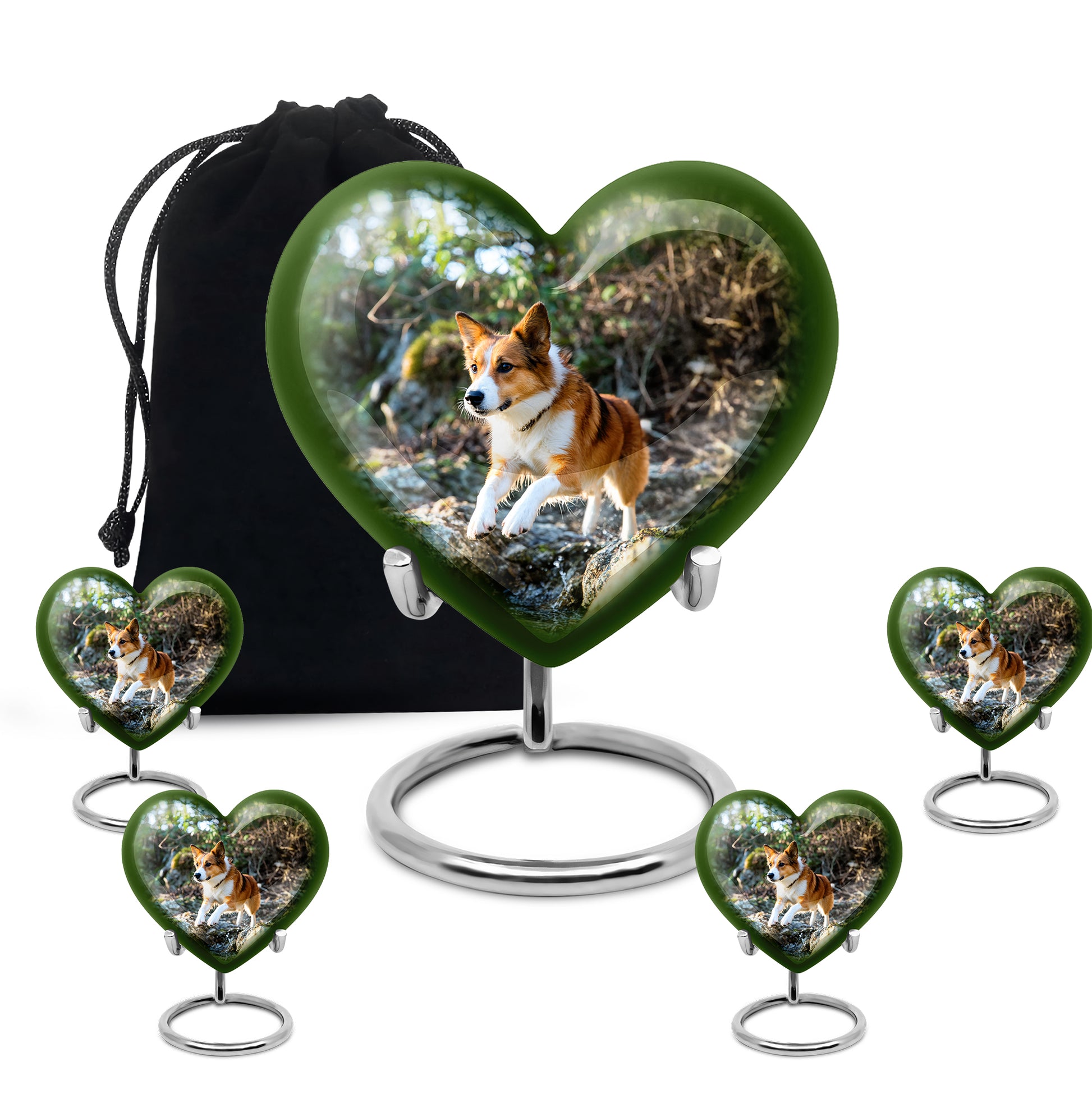 Pine Green Dog Cremation Urn close-up of engraving and surface detail - romantic heart urn with dog motif on aluminum - memorial set with one large and four small urns
