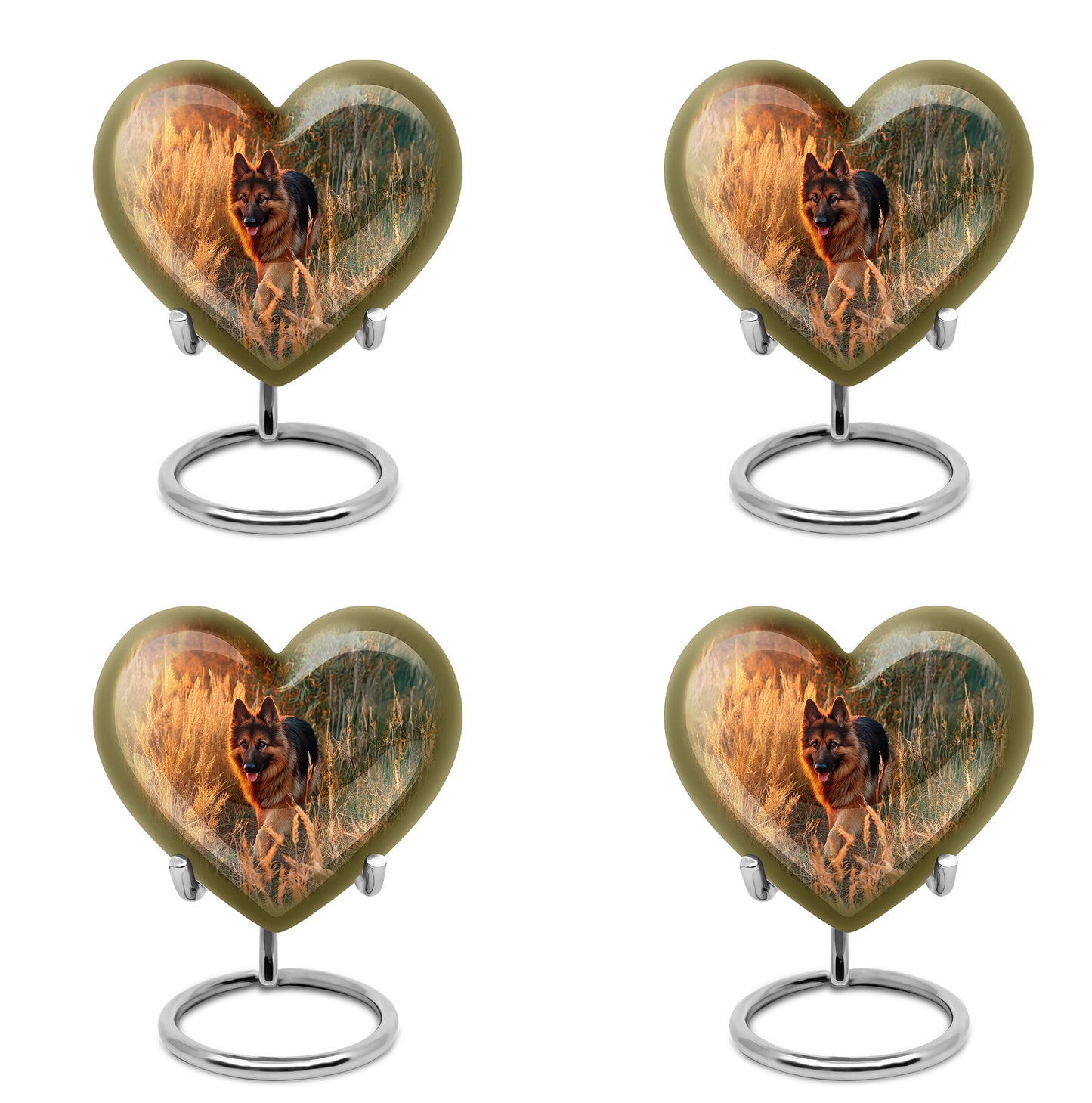 Sunrise Gold Dog Cremation Urn angled view of lid and engraved motif - heart-shaped dog design symbolizing eternal love - 10 inch aluminum urn for cremated remains